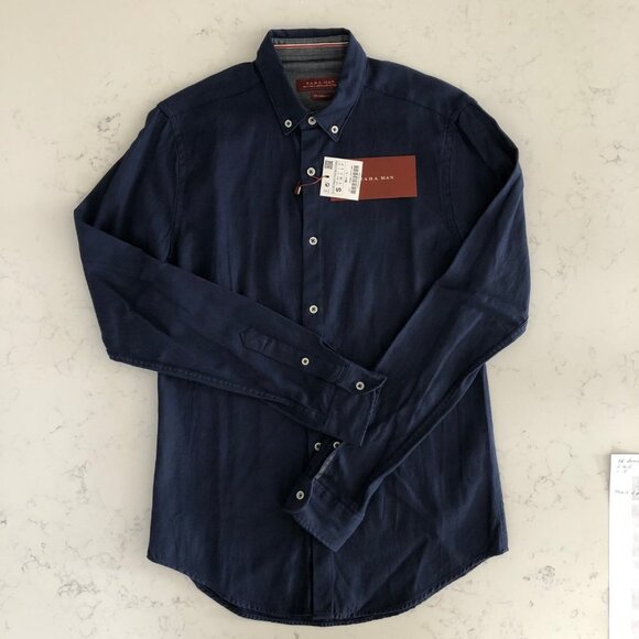 Zara Man Relaxed Fit Casual Lg Slv Button Down Cotton Oxford Shirt Navy Sz S NWT - Picture 3 of 13